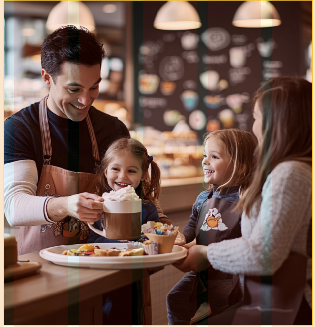 A smiling barista warmly serving a hot chocolate with whipped cream to two young children in a welcoming café environment.