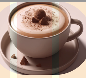 A steaming cup of coffee on a wooden table with coffee beans.