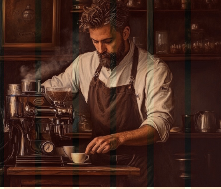 A focused barista in a cozy café brewing coffee with care.