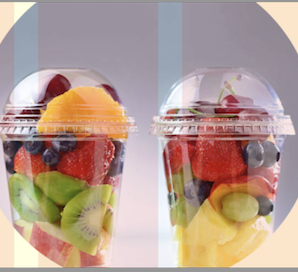 Fruit cup with strawberries, blueberries, kiwi, and pineapple in a clear bowl.